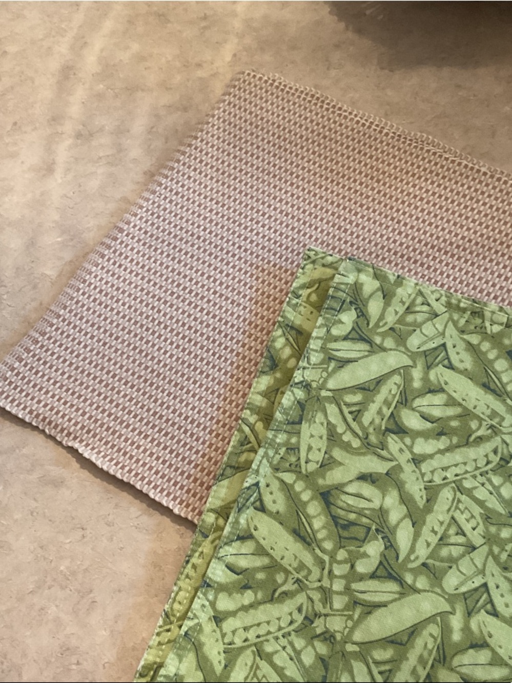 Green Pea Print and neutral placemats.  Two sets of 3.
